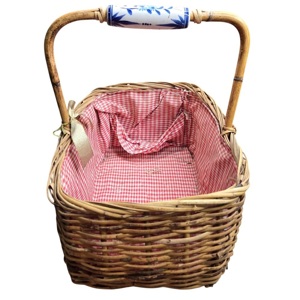 Wicker Picnic Basket Blue White Porcelain Handle Delft Style Red Gingham Liner